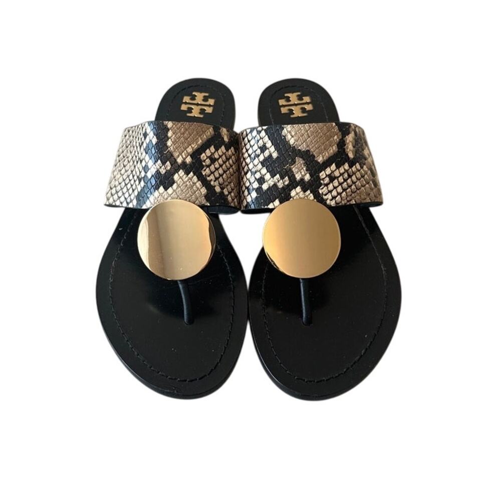 Tory Burch Patos Disk Sandals Snakeskin Gold Thong 8.5